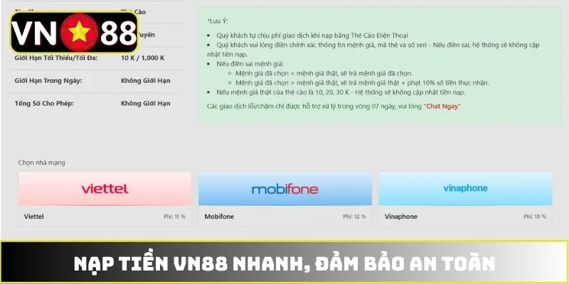 Nạp tiền VN88 nhanh, đảm bảo an toàn